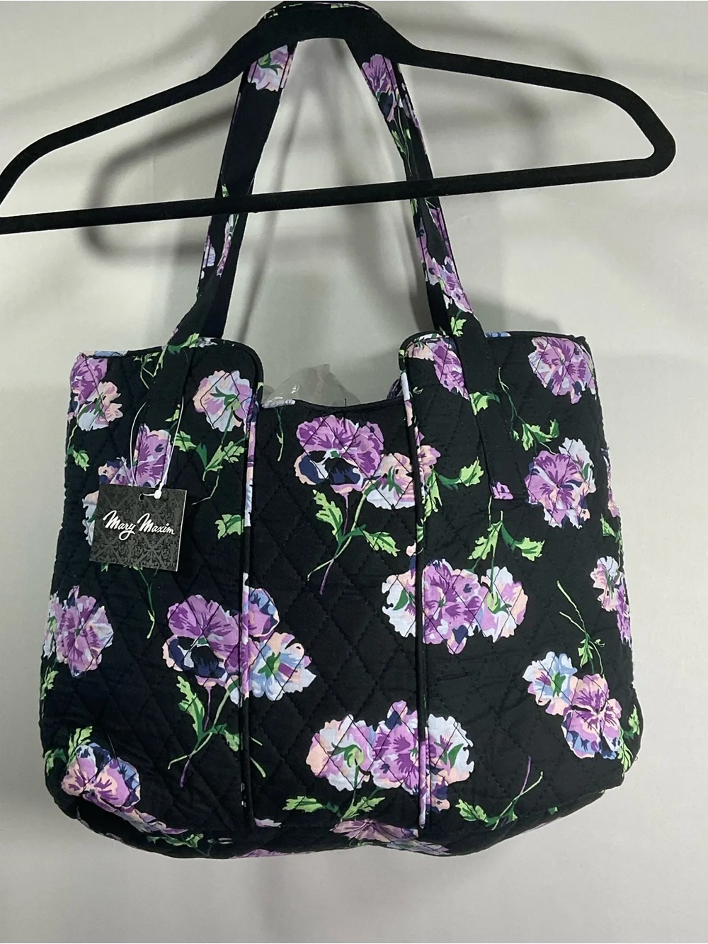 Quilted Floral Tote Bag in Black with Purple Flowers